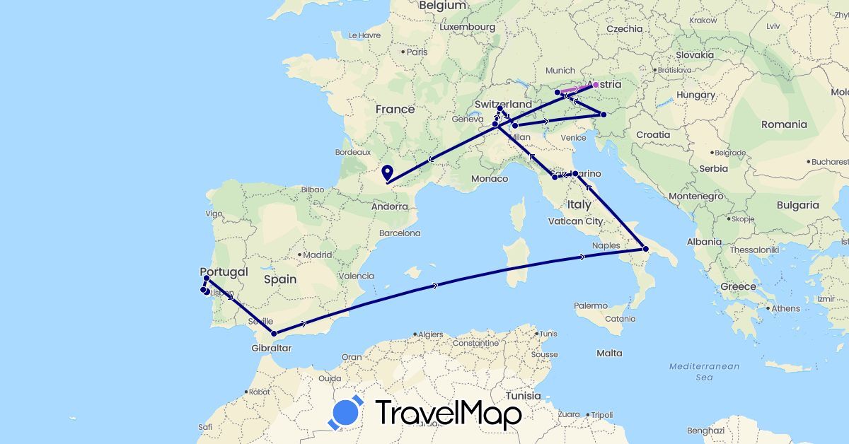 TravelMap itinerary: driving, train in Austria, Switzerland, Spain, France, Italy, Portugal, Slovenia, San Marino (Europe)